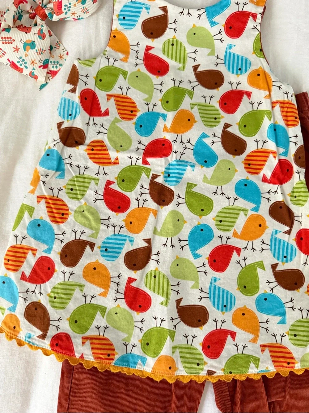 Mulberry St. Corduroy Reversible Set w Bow - Wee Ones, Fall, Birds, Ric rac